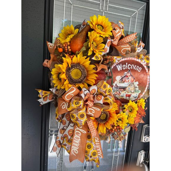 Farmhouse Sunflower Welcome Mesh Wreath - Autumn Fall Door DecorHandmade - Picture 2 of 5